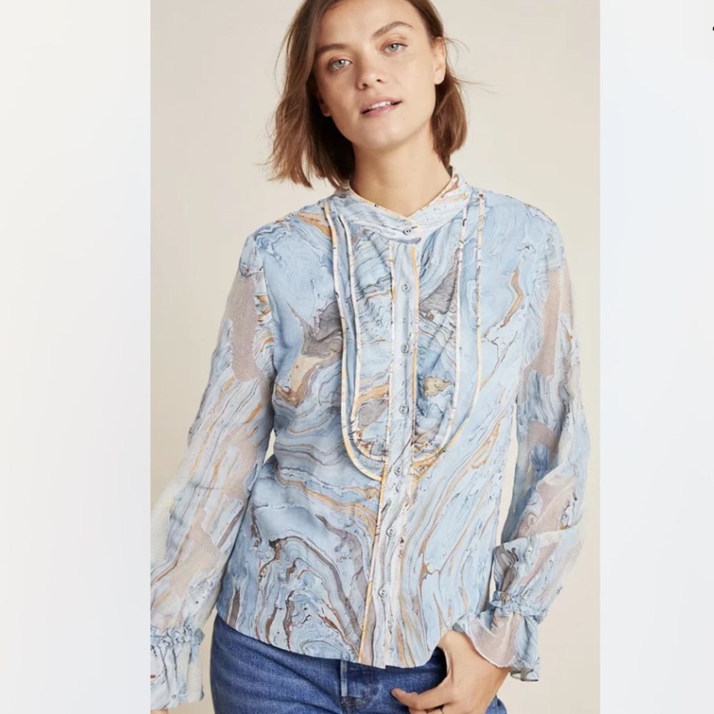 Geisha Designs Anthropologie Portia Marble blue blouse size XS